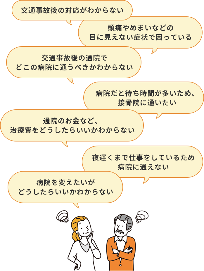 ・交通事故後の対応がわからない。交通事故後の通院でどこの病院に通うべきかわからない。通院のお金など、治療費をどうしたらいいかわからない。病院を変えたいがどうしたらいいかわからない。頭痛やめまいなどの目に見えない症状で困っている。病院だと待ち時間が多いため、接骨院に通いたい。夜遅くまで仕事をしているため病院に通えない。